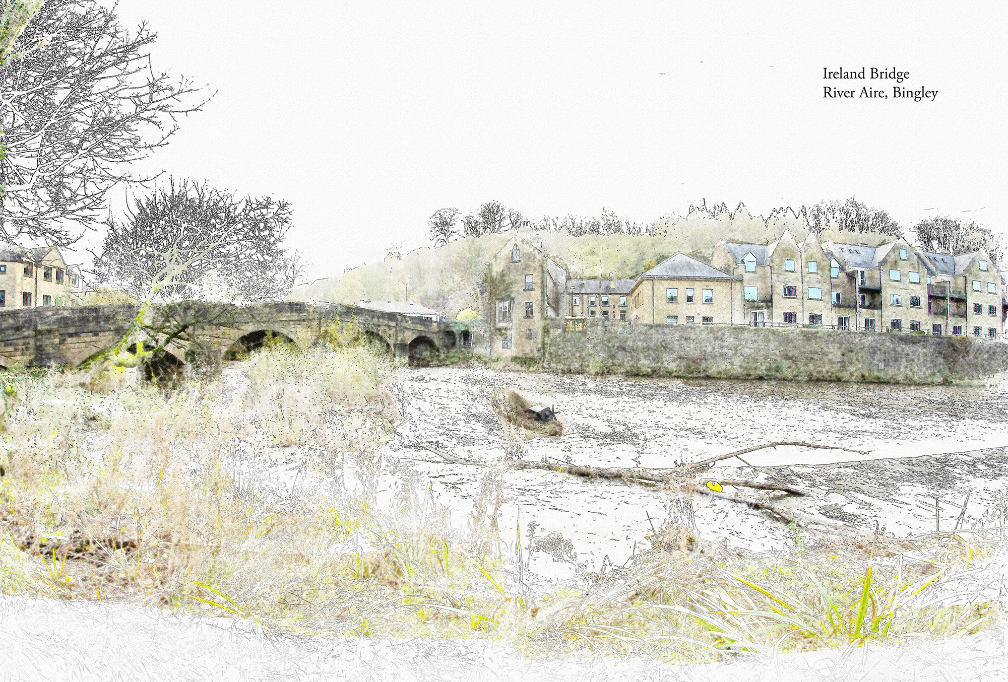 Painterly view of Ireland Bridge and the River Aire in Bingley